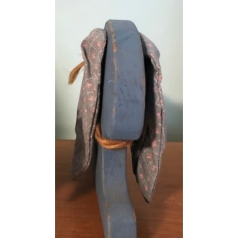Vintage Blue Wooden rabbit bunny Figurine Farmhouse Decor Fabric Ears Twine - Picture 2 of 7